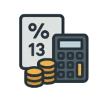 Иконка калькулятора НДФЛ 13% — документ, калькулятор и монеты.