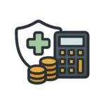 Иконка калькулятора выплат по инвалидности СВО — щит, калькулятор и монеты.