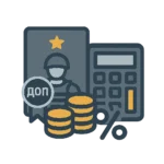 Иконка калькулятора допсуток и 2% — военный документ, калькулятор, монеты и знак процента.