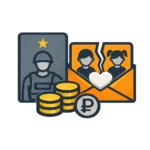 Иконка калькулятора алиментов военнослужащего — военный документ, дети в конверте и символ рубля.