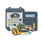 Иконка калькулятора отпуска военнослужащего — календарь отпуска, калькулятор и монеты.